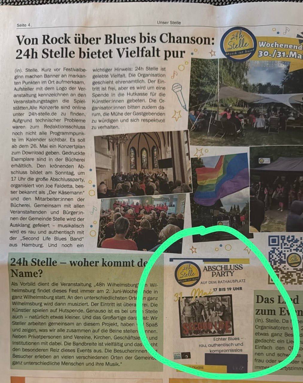Zeitungsartikel: Von Rock über Blues bis Chanson - 24h Stelle bietet Vielfalt pur, mit Second Life Bluesband Abschlussparty
